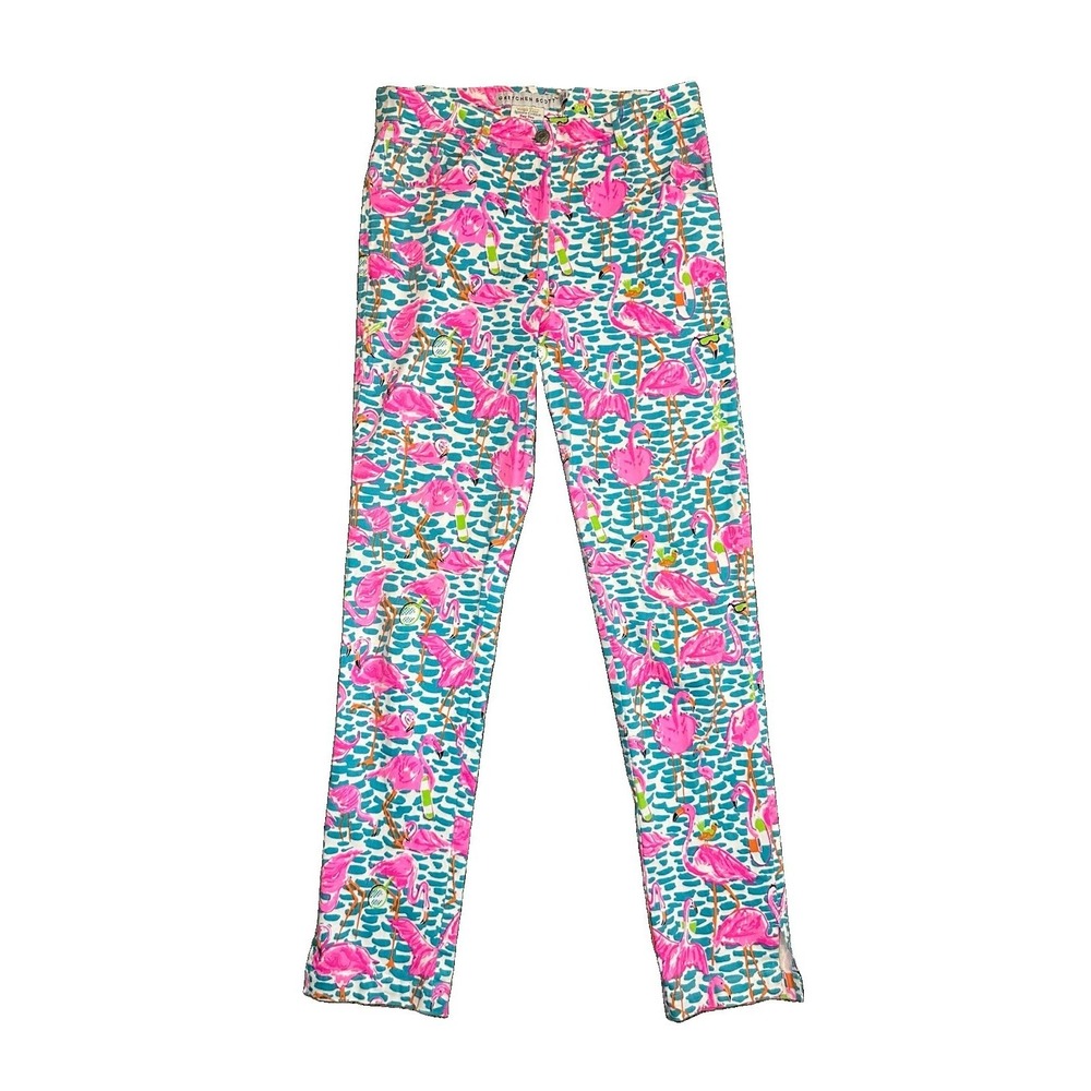 Gretchen Scott LARGE Pink Blue Flamingo Tropical Stretch Colorful Resort Pants